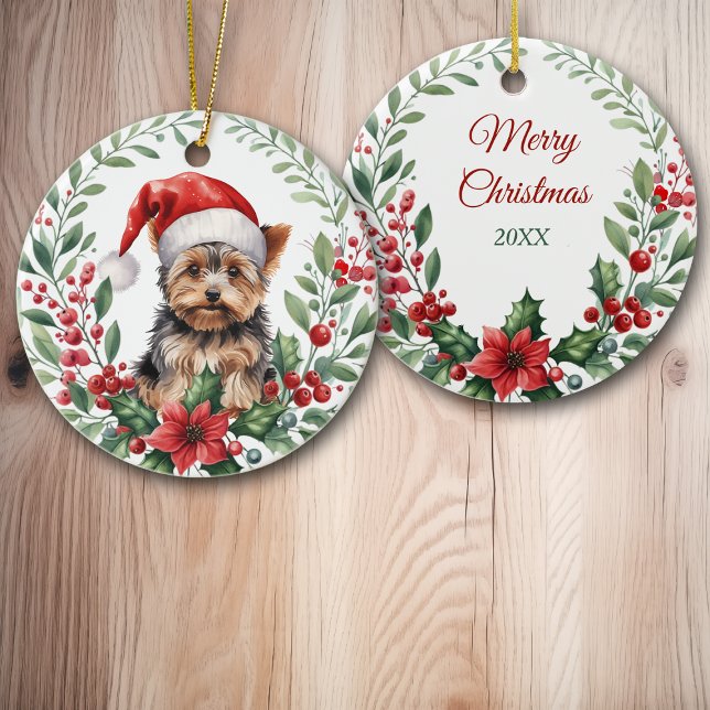 Adorno De Cerámica Santa Hat Yorkshire Terrier Poinsettia Wreath (Subido por el creador)