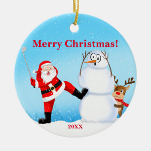 Adorno De Cerámica Santa Jugando A Golf, Snowman Y Renos