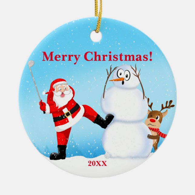 Adorno De Cerámica Santa Jugando A Golf, Snowman Y Renos (Frente)