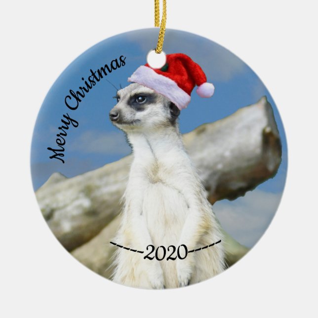 Adorno De Cerámica Santa Meerkat Feliz Navidad (Frente)