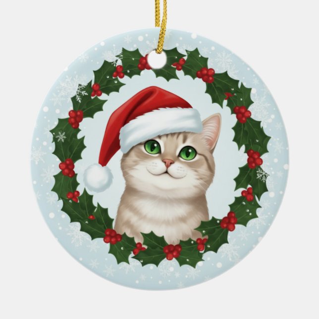 Adorno De Cerámica Santa Paws Smiling Cat Christmas Ornament  (Frente)