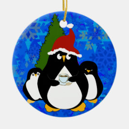 Adorno De Cerámica Santa Pingüino y Pequeños Pingüinos