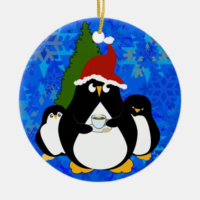 Adorno De Cerámica Santa Pingüino y Pequeños Pingüinos (Frente)