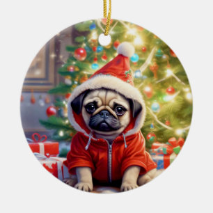 Adorno De Cerámica Santa Pug bajo el árbol de Navidad