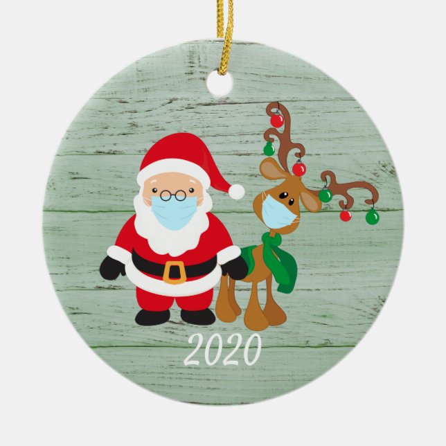 Adorno De Cerámica Santa Reindeer 2020 máscara facial Covid Wood (Frente)