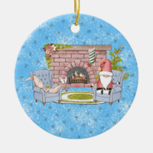 Adorno De Cerámica Santa Relajándose junto a la chimenea con conejo d