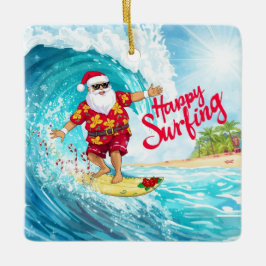 Adorno De Cerámica Santa surfista de Navidad surfeando en una gran ol