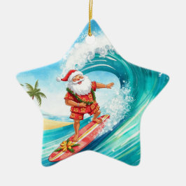 Adorno De Cerámica Santa surfista de Navidad surfeando en una gran ol
