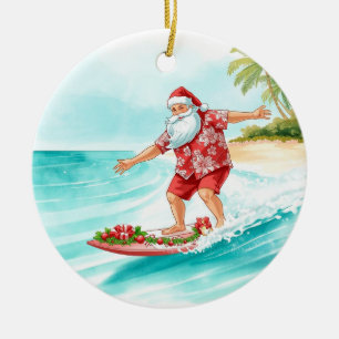 Adorno De Cerámica Santa surfista de Navidad surfeando en una gran ol