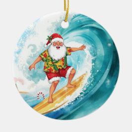 Adorno De Cerámica Santa surfista de Navidad surfeando en una gran ol