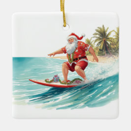 Adorno De Cerámica Santa Surfista de Navidad surfeando en una gran ol