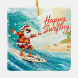 Adorno De Cerámica Santa surfista de Navidad surfeando en una gran ol
