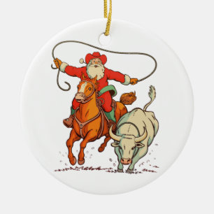 Adorno De Cerámica Santa Vaquero Navidad Occidental Lazo Navidad Vint
