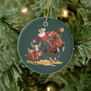 Adorno De Cerámica Santa Vaquero Occidental Rodeo de Navidad Caballo 