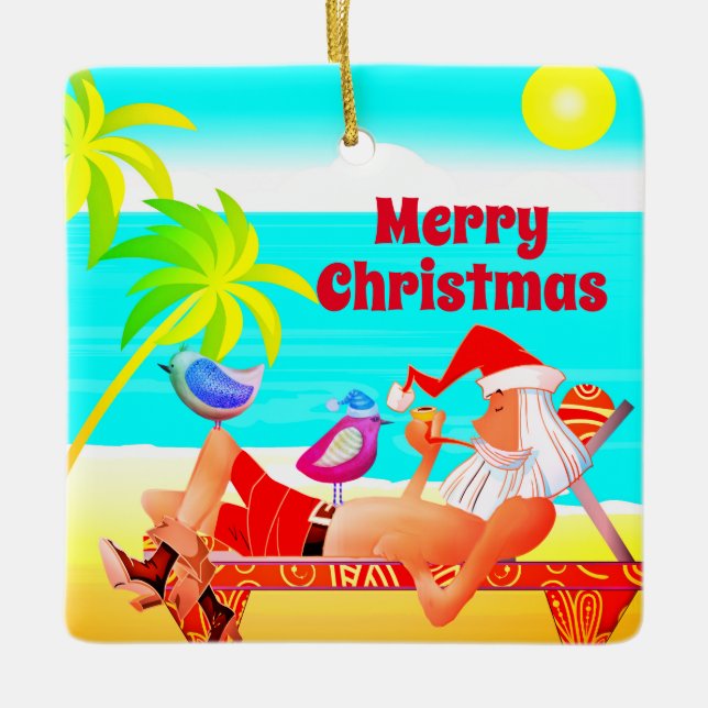 Adorno De Cerámica Santa y Birds Beach personalizadas Feliz Navidad (Anverso)