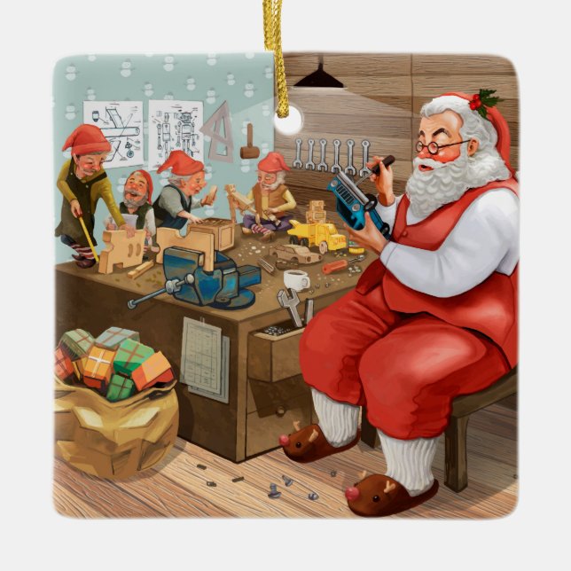 Adorno De Cerámica Santa Y Elves Haciendo Juguetes | NAVIDADES (Anverso)