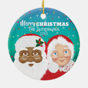 Adorno De Cerámica Santa y la Sra. Claus Navidad Biracial