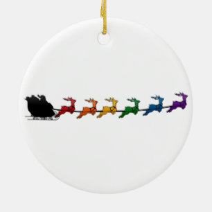 Adorno De Cerámica Santa y Sleigh con los renos arcoiris del orgullo
