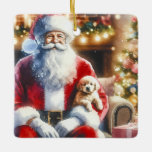 Adorno De Cerámica Santa y un cachorro | Vintage Christmas<br><div class="desc">Ornamento navideño personalizado. Un bonito acuarela estilo ai arte que representa a Santa sosteniendo un cachorro en su regazo en la víspera de los Navidades con vibraciones vintage. Fondo de papel de época con copos de nieve.</div>
