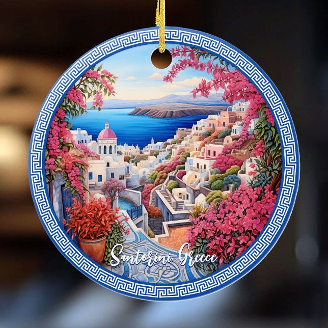 Adorno De Cerámica Santorini Grecia Bougainvillea Pintura de Viajes (Santorini Greece Bougainvillea Painting Travel Art Ceramic Ornament)