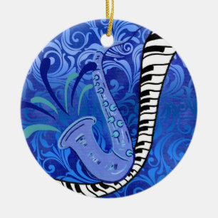 Adorno De Cerámica Saxofón azul y piano