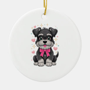 Adorno De Cerámica Schnauzer Adorable Con Lazo Rosa Rodeado de Corazo