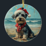 Adorno De Cerámica Schnauzer Dog Navidades Vintage Beach<br><div class="desc">Traiga el calor de las vacaciones a la orilla con este encantador diseño de estilo vintage con un perro de festividad sentado en una tranquila playa. Con un toque vacacional clásico de tonos nostálgicos y vibraciones costeras, esta obra de arte capta la magia de los Navidades junto al mar. Perfecto...</div>