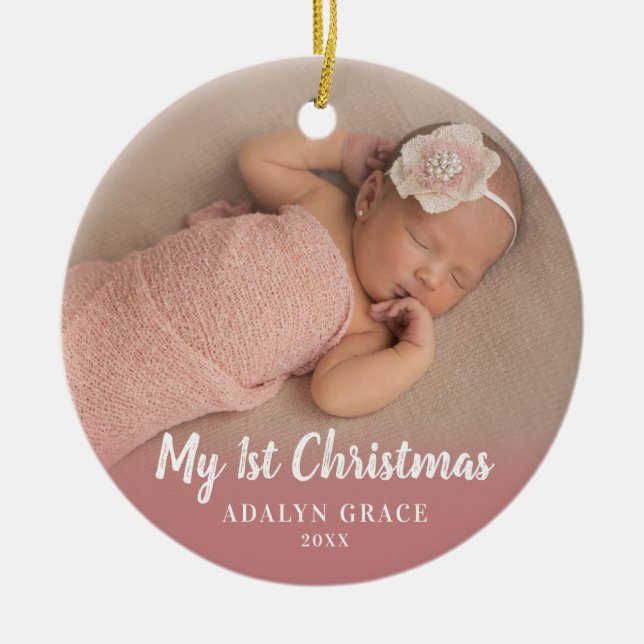 Adorno De Cerámica Script Calligrapy Baby's First Christmas Photo (Frente)