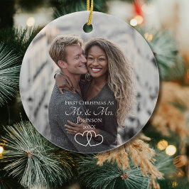 Adorno De Cerámica Script First Christmas Mr & Mrs Wedding Photo
