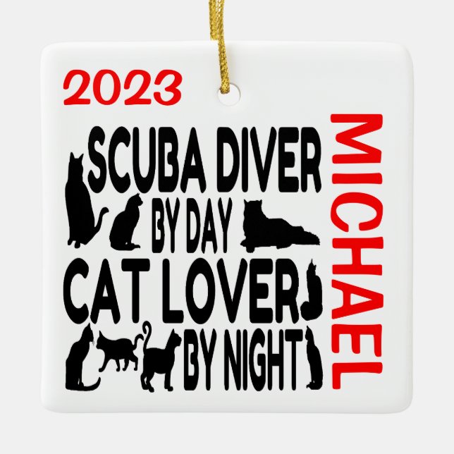 Adorno De Cerámica Scuba Diver ama a los gatos PERSONALIZADO (Anverso)