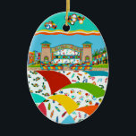 Adorno De Cerámica Sea Isle Band Shell Ceramic Oval Ornament<br><div class="desc">Sea Isle City, New Jersey Band Shell oval Christmas ornament. This colorful, whimsical design includes the Sea Isle Band Shell, music notes, film strip, turtles, surfboards, flip flops and more! This ornament would be a fun birthday, Christmas gift or stocking stuffer. The ornament created from local artist, Chris Ambrose's original...</div>