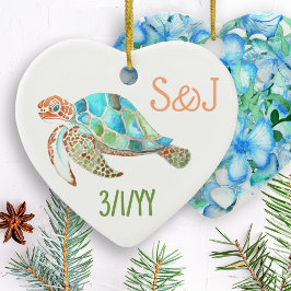 Adorno De Cerámica Sea Turtle Heart, Monogram Christmas
