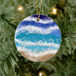 Adorno De Cerámica Seas & Greetings | Seaside Coastal Christmas<br><div class="desc">Blue and teal waves on a sandy beach pretty beach house inspired Tropical Christmas Ornament.</div>