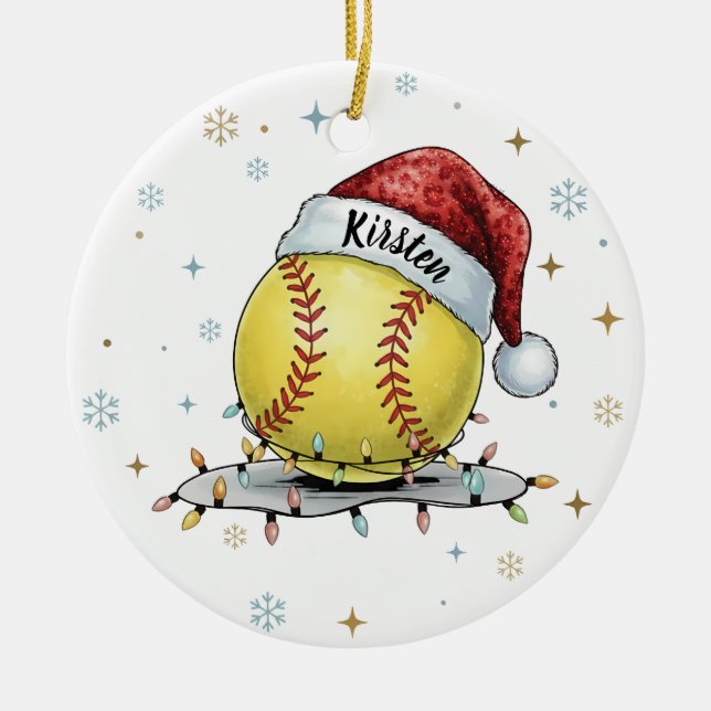 Adorno De Cerámica Seasonal Sparkle: Softball with Santa Hat  (Frente)