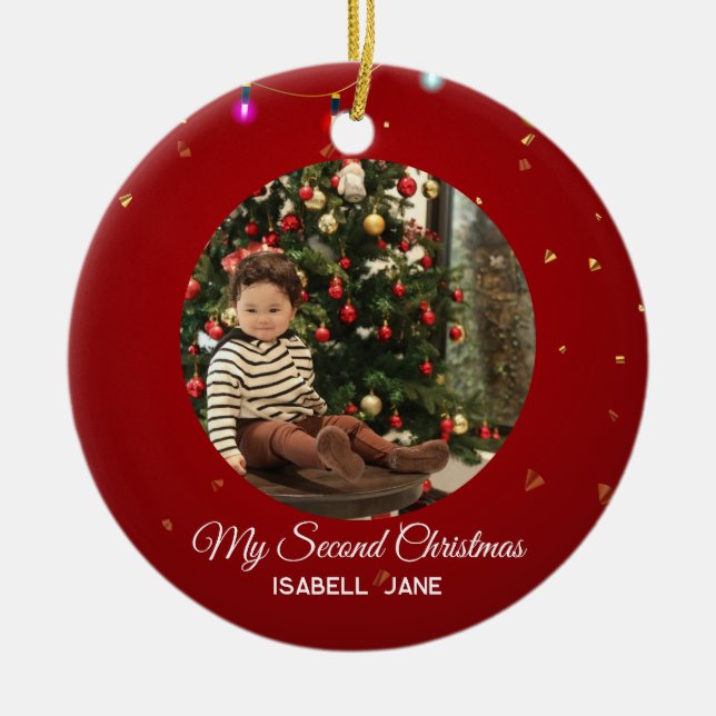 Adorno De Cerámica Second Christmas Custom Family Photo Text Template (Frente)
