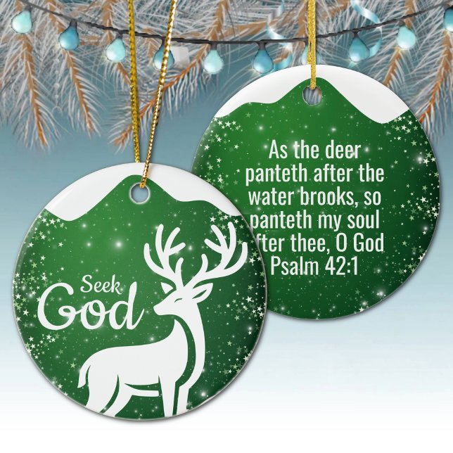 Adorno De Cerámica Seek God Religious Holiday  ⛪️ 🎄 (Customizable Seek God, Bible Verse Festive Reindeer Devotional Ceramic Ornament Green Psalm 42:1 🦌✞)