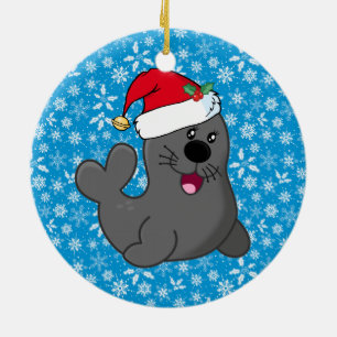 Adorno De Cerámica Sello de Personalizado con sombrero Santa