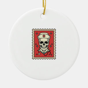 Adorno De Cerámica Sello divertido de enfermera calavera retro_1