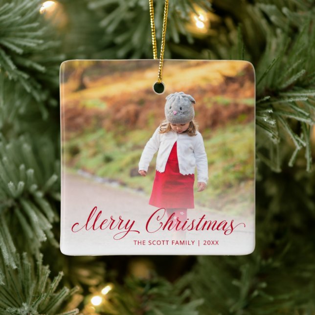 Adorno De Cerámica Sencillo guión rojo elegante foto Feliz Navidad (Árbol)