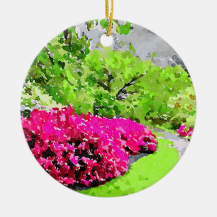 Adorno De Cerámica Sendero de jardín sereno con flores rosadas vibran