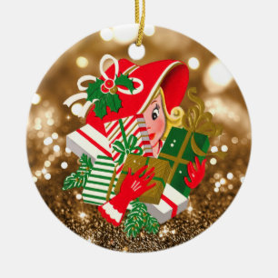 Adorno De Cerámica Señora de la Vintage que sostiene Navidad presenta