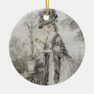 Adorno De Cerámica Señora en una terraza que tiende una planta del