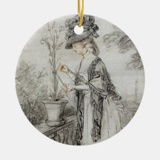 Adorno De Cerámica Señora en una terraza que tiende una planta del (Frente)