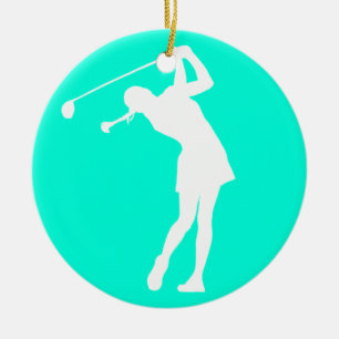 Adorno De Cerámica Señora Golfer Silhouette Ornament Turquoise