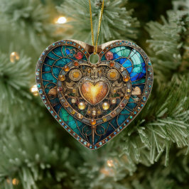 Adorno De Cerámica Serie Steampunk Corazón de Vidrio Teñido de Oro