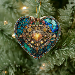 Adorno De Cerámica Serie Steampunk Corazón de Vidrio Teñido de Oro