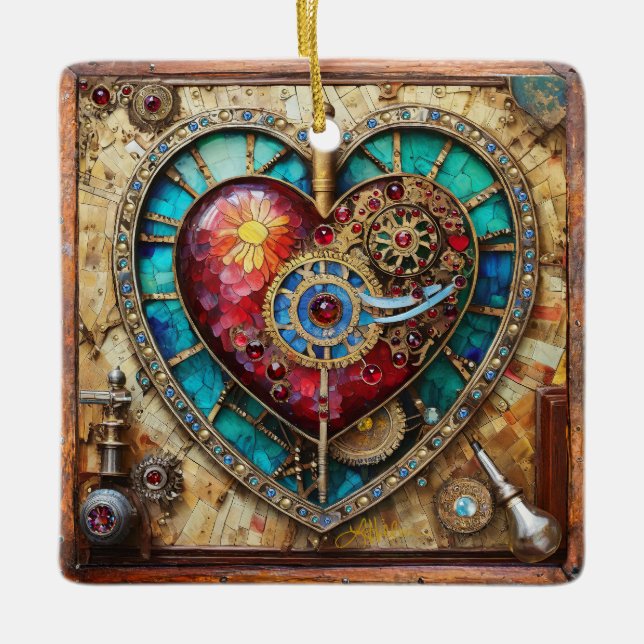 Adorno De Cerámica Serie Steampunk de Glass Staint Sunflower Heart (Anverso)