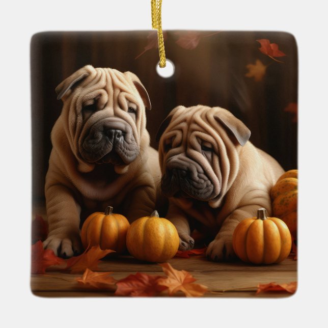 Adorno De Cerámica Shar Pei Puppy Calabaza deslumbrante de otoño (Anverso)