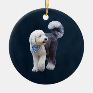 Adorno De Cerámica Sheepadoodle con bufanda azul a cuadros