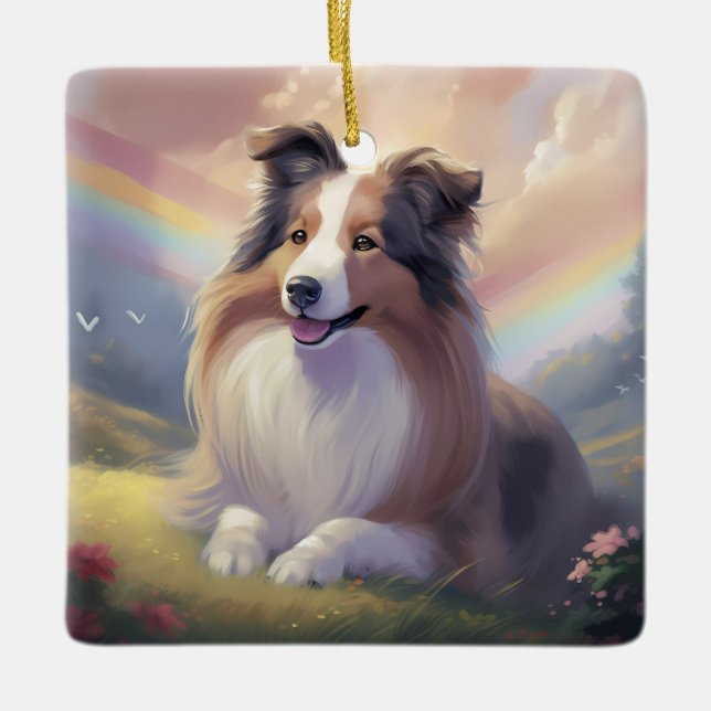 Adorno De Cerámica Sheltie Dog Memorial Rainbow Bridge Personalized (Anverso)